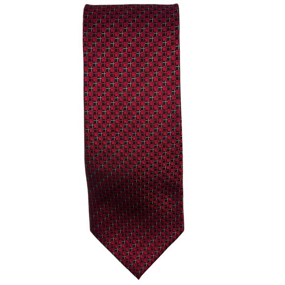 Van Heusen -Men’s Tie 60”-Long Red Black Geometric Design- Silk Handmade Necktie - Picture 1 of 5